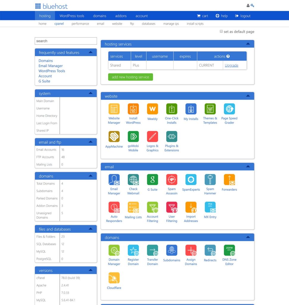 Bluehost cPanel view
