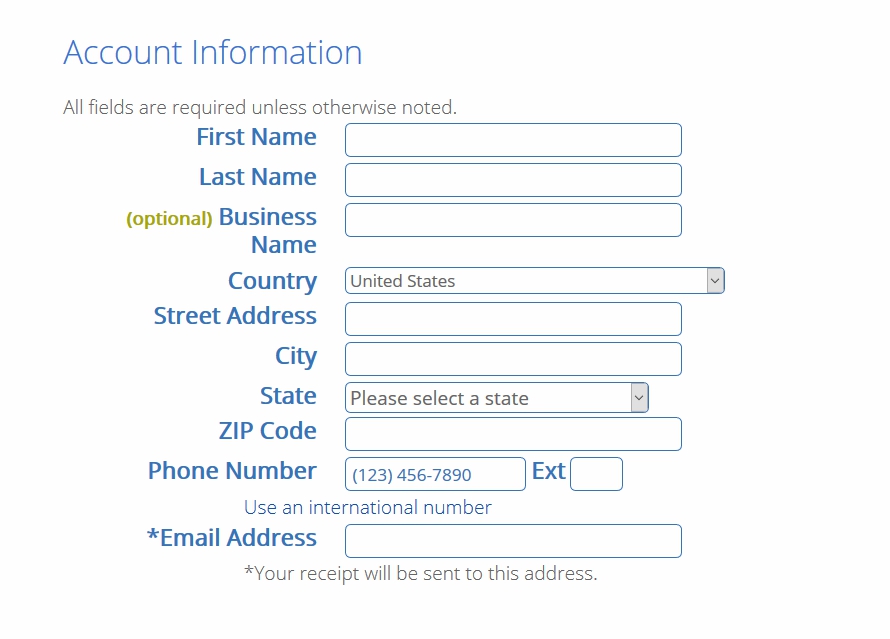 Register account information with bluehost