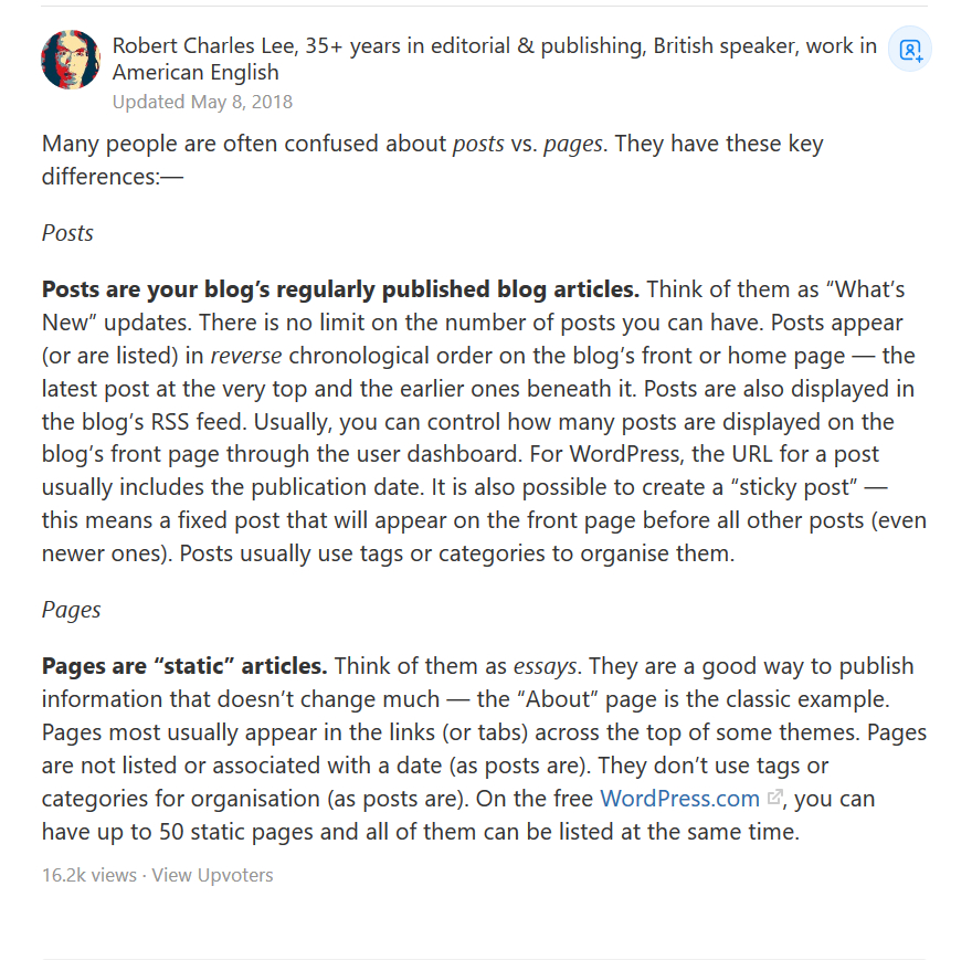 Difference between post and page in WordPress blogs