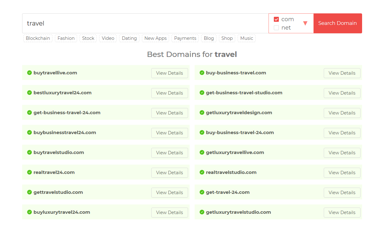 DomainWheel Domain Name Generator results with dot com