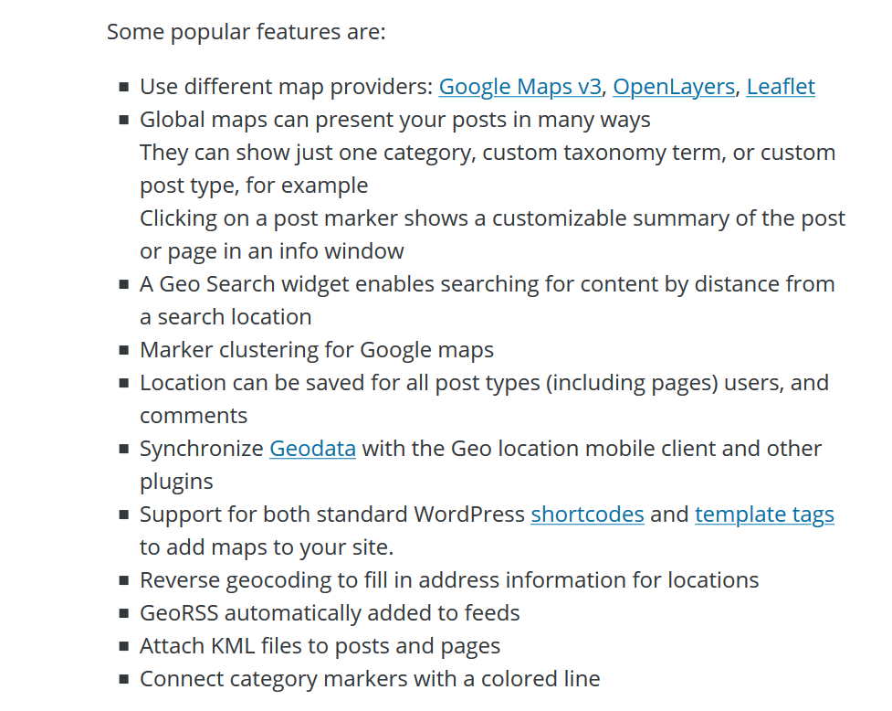 Geo Mashup WordPress plugin Features