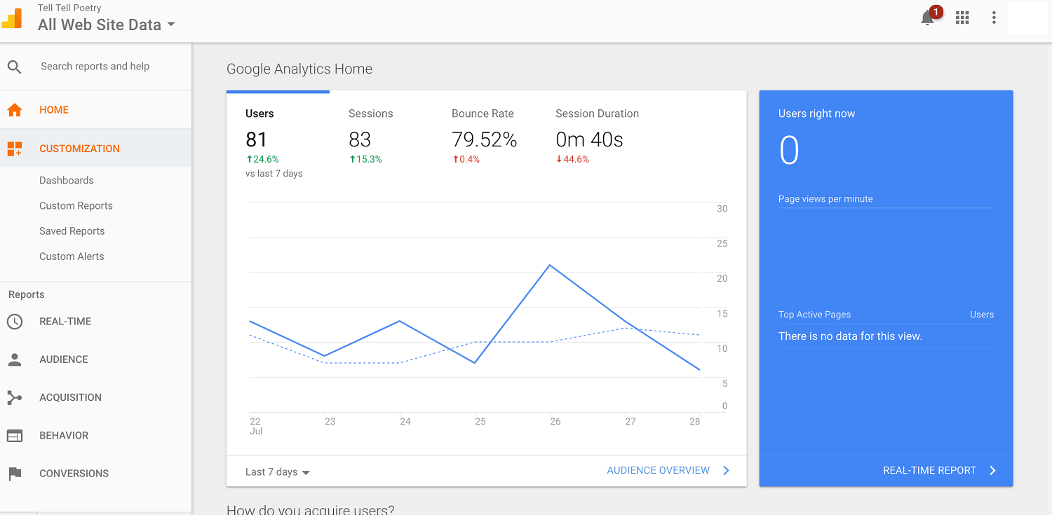 Google Analytics dashboard for new travel blogging website