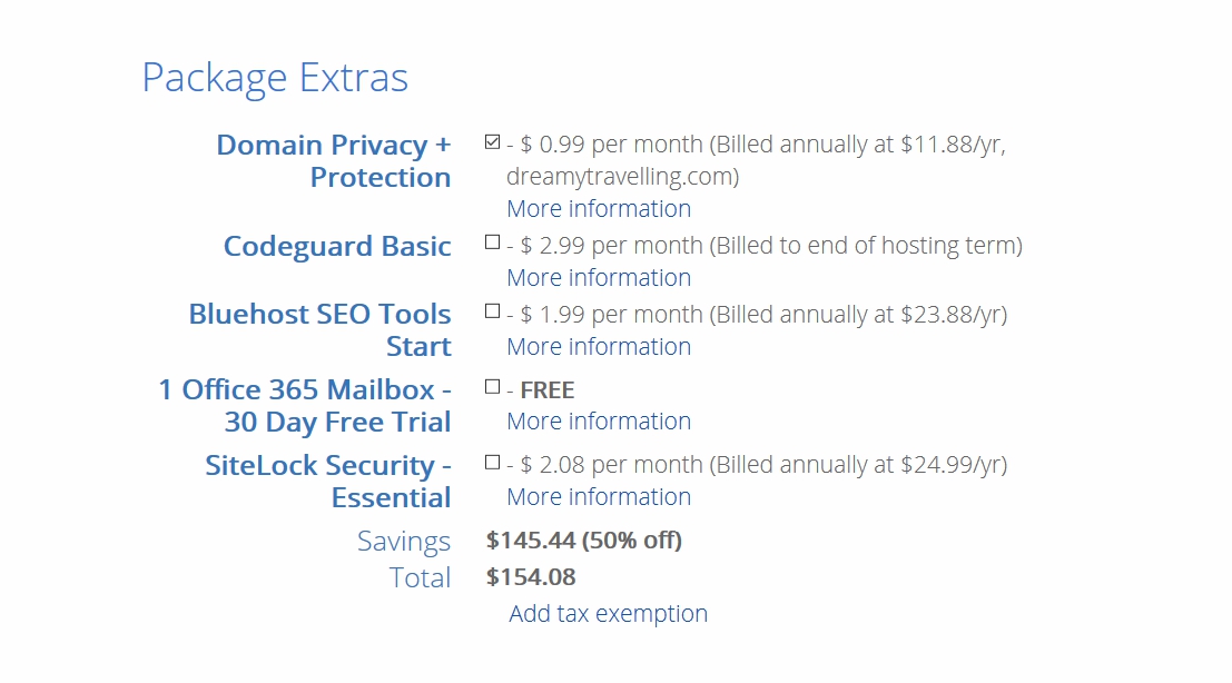 Get package extras with bluehost