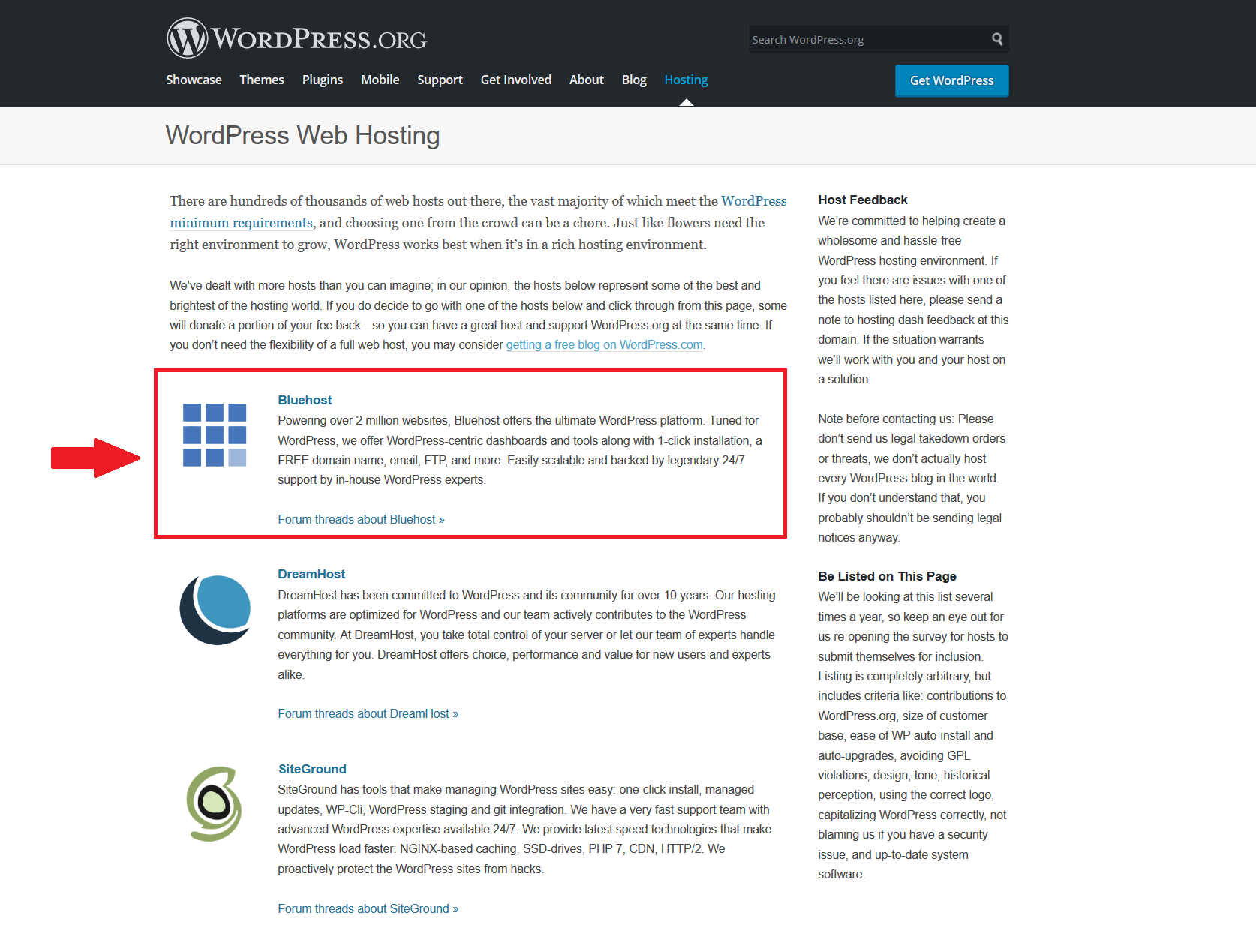 Bluehost web hosting is officially recommended by WordPress