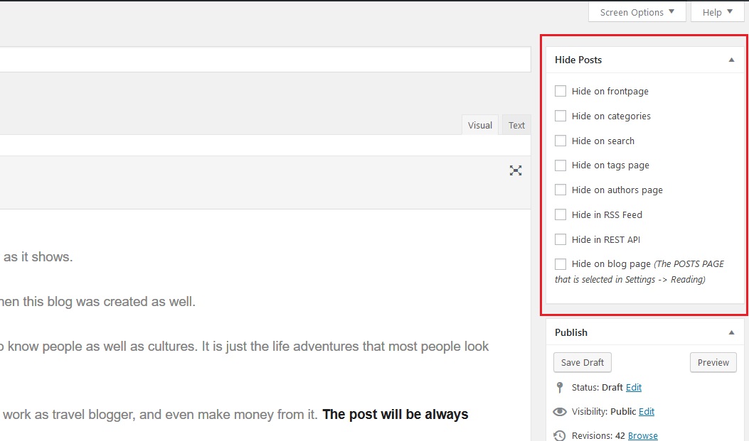 Hide Posts section in the right column of the WordPress editor