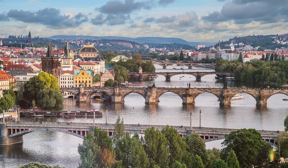 Aerial view of Charles bridge in Prague city in Czech Republic